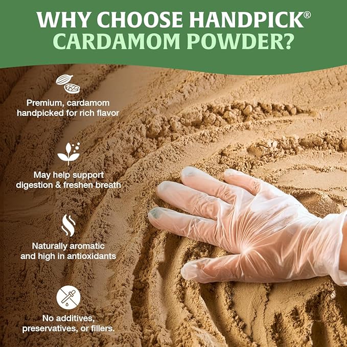 HANDPICK Cardamom Powder (100g/3.53oz) Gluten Free, Raw Ground Elaichi for Cooking, Smoothies, Lattes, Masala Tea, Packed in Resealable Zip Lock Pouch