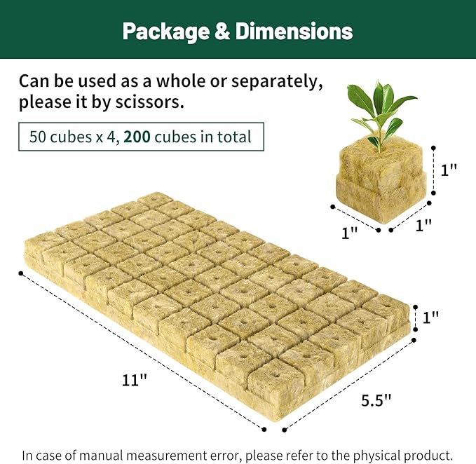 1" Rockwool Cubes for Hydroponics - (200 Plugs in Total) 4 Sheets Rockwool Grow Cubes for Rooting, Cuttings, Clone Plants, Starting Seeds, Ideal Rockwool for Hydroponic Growing