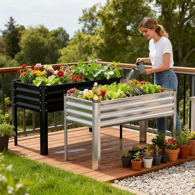 COMHOMA 2 Pack Raised Garden Bed with Legs 4x2x2.5ft,Large Elevated Galvanized Metal Planter Box with Drainage Holes,Outdoor Growing Kit with Gloves Tools for Backyard Patio Lawn,Sliver