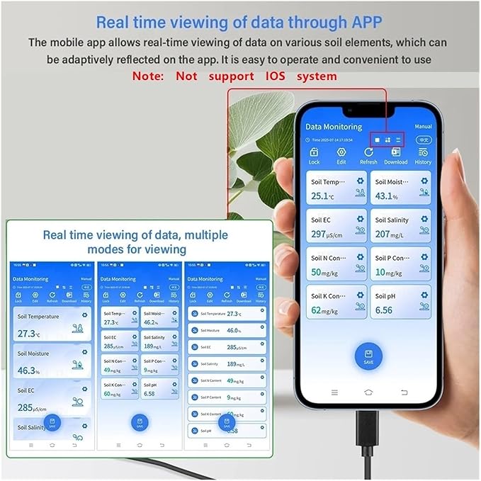 8-in-1 Intelligent Soil NPK Sensor Salinity EC Moisture Temp pH Tester with APP Data Logger(RS485 NPK Tester)