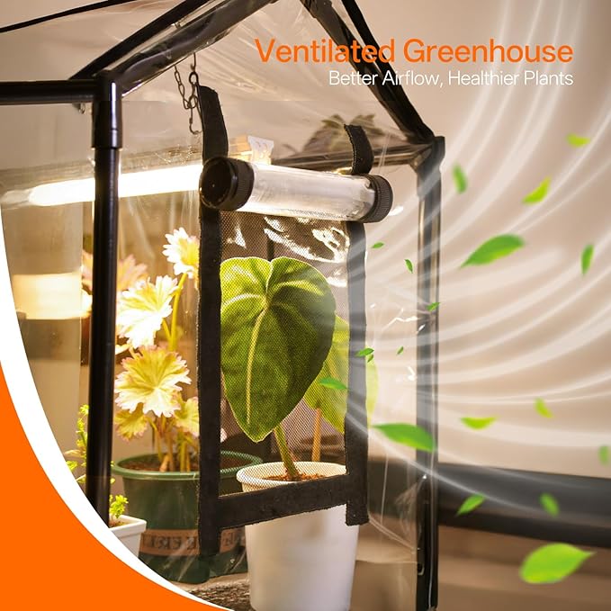 Bstrip Indoor Greenhouse with Grow Light, Mini EVA Tent with PE Base Mat, Ventilation Windows & Zippered Door, 18W Tabletop Greenhouse Light for Seed Starting with Timer, 23.8" x 15.7" x 20.5"
