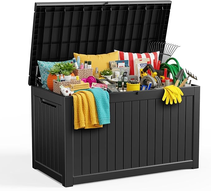 Vixzen 280 Gallon Resin Deck Box, Lockable Outdoor Storage Box for Patio Cushions Storage Furniture,Garden Tools, Pool Supplies, Weatherproof and UV Resistant（Black，280 Gallon）