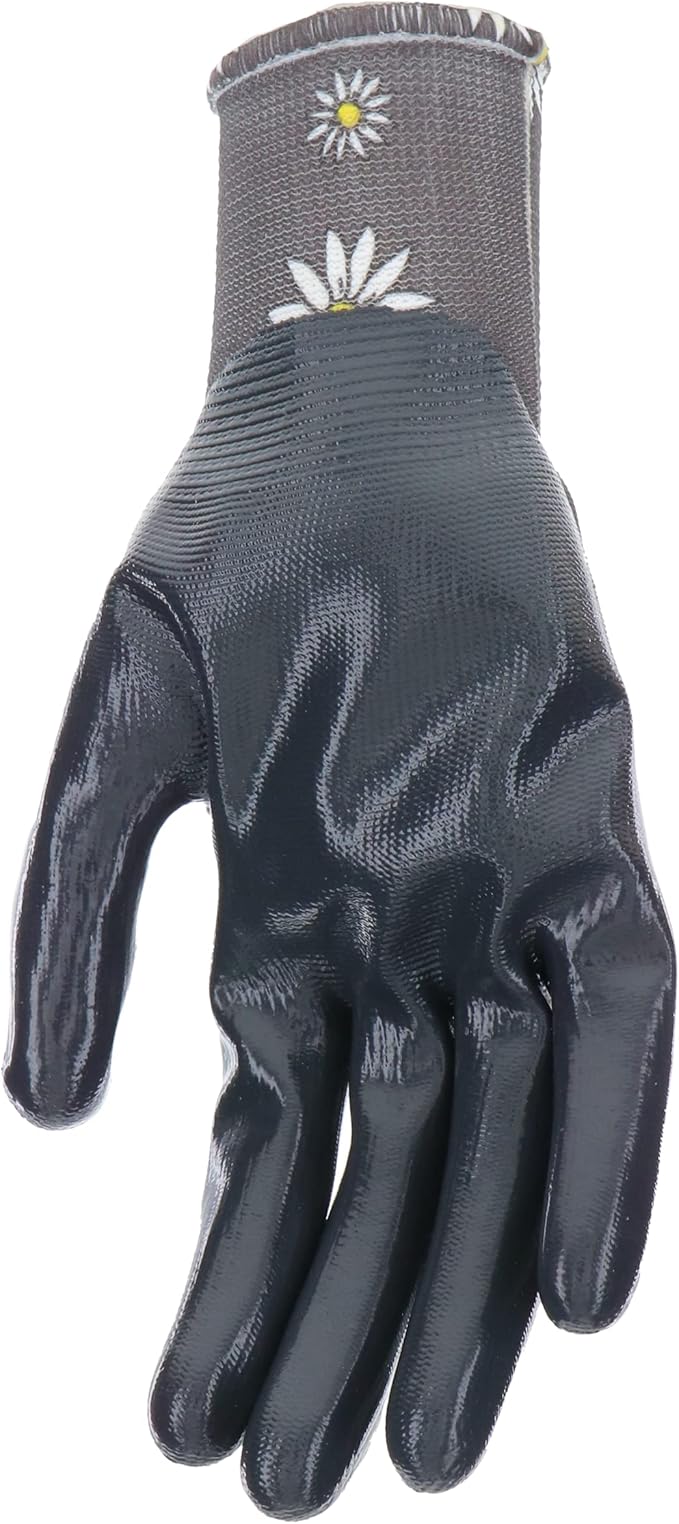 Mud Grip Women's Daisy Printed Polyester Shell and Flat Nitrile Coated Palm Gardening Gloves,
