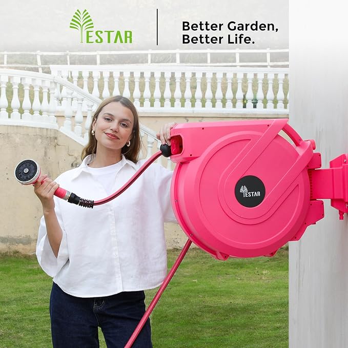 Retractable Garden Hose Reel 5/8 in x100 ft, Heavy Duty Wall Mounted Hose Reel with 10- Function Sprayer Nozzle, Any Length Lock/Automatic Slow Return System,180° Swivel Bracket