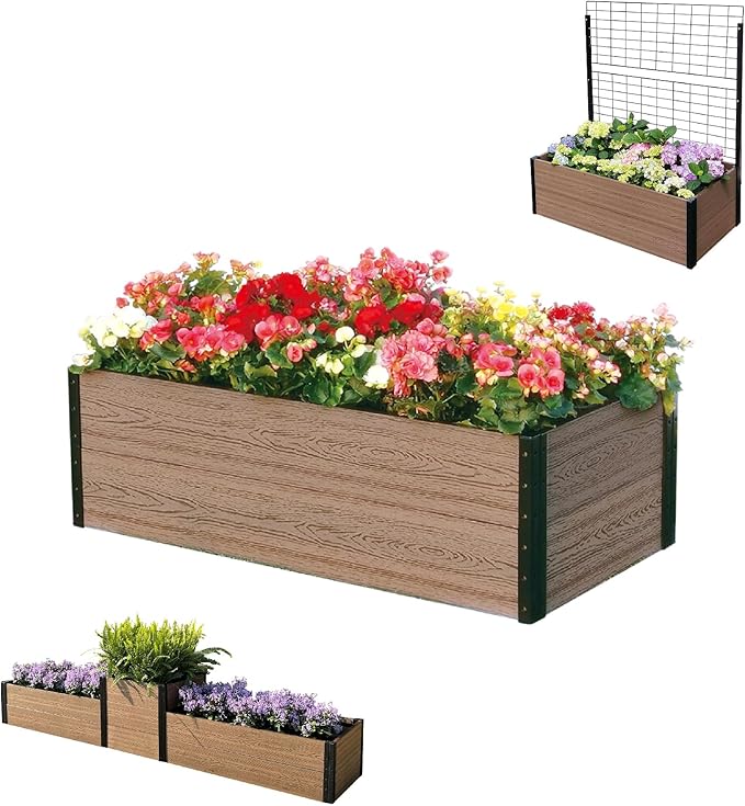 Everbloom Modular Wallside Wood Plastic Composite Raised Garden Bed with Open Bottom 45” L x 24” W x 14” H-Revitalize Your Green Space with The Ultimate Yard Planters for Veggies, Flowers&Herbs