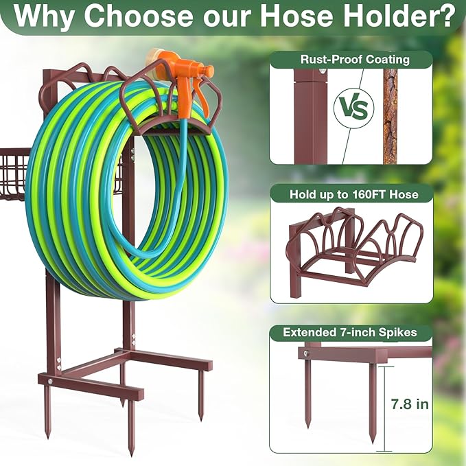 Upgraded Garden Hose Holder with Large Basket, Heavy Duty Water Hose Holder Supports 160-ft Hoses, Freestanding Detachable Hose Stand Storage Reel Hanger Rack for Yard Lawn Farm, Bronze