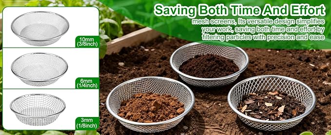 3PACK Soil Sifter for Gardening - Rock Sand Dirt Compost Sifter Fits 5-Gallon Buckets 1/4 Inch, 1/8 Inch, 3/8 Inch Mesh Sieve for Gravel, Dirt, Sawdust with Repotting Mat