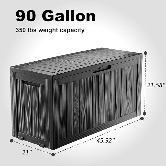 ROJIK 90 Gallon Waterproof Outdoor Deck Storage Box, Lockable Resin Patio Storage Bin with Lid for Garden Tools, Patio Cushions & Outdoor Accessories(Black)