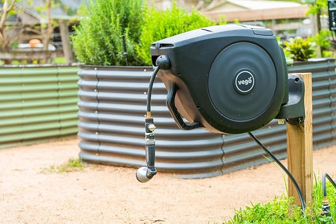 Vego Garden Hose Reel Retractable 1/2" x 100ft Wall Mounted Hose Reel Automatic Rewind, Any Length Lock with 9 Patterns Sprayer Nozzle, Quick Connector and Adjustable shot Nozzle