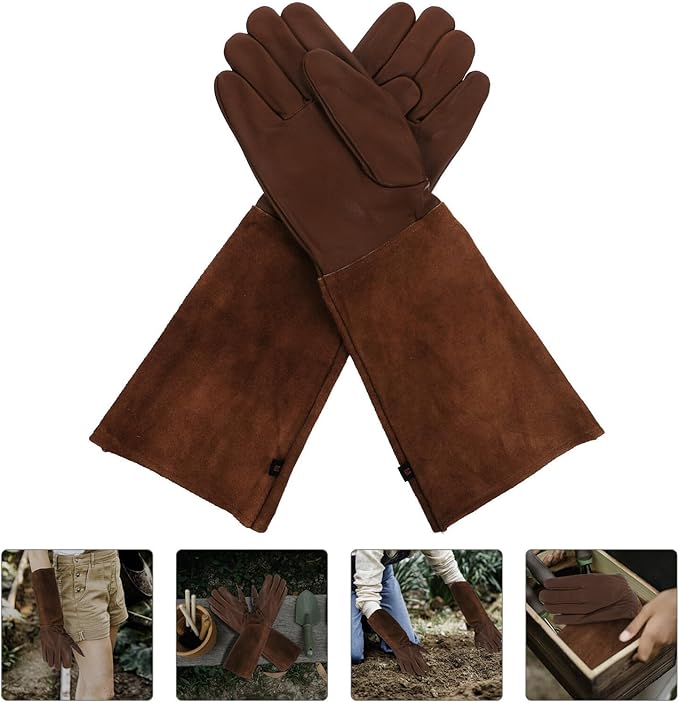 Sosoport Wear-resistant Extended Gloves for Women and Men, Thorn-proof Leather Gardening Gloves with Protective Sleeve, Suitable for Weeding, Pruning, and Planting in Outdoor Gardening