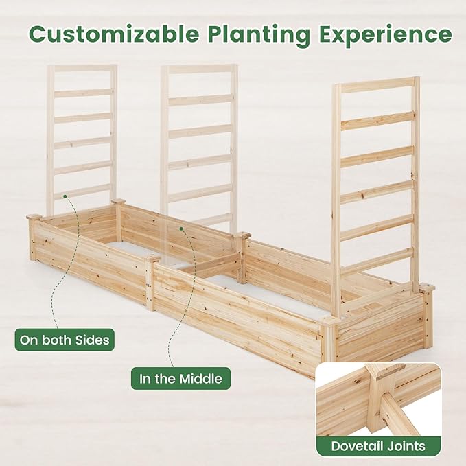 Giantex Raised Garden Bed with Trellis, 93" L x 25" W x 40" H, Wood Planter Box for Vegetables Flowers Herbs Fruits Climbing Plants Cucumber, Easy Assembly, Outdoor Rectangular Floor Gardening Beds