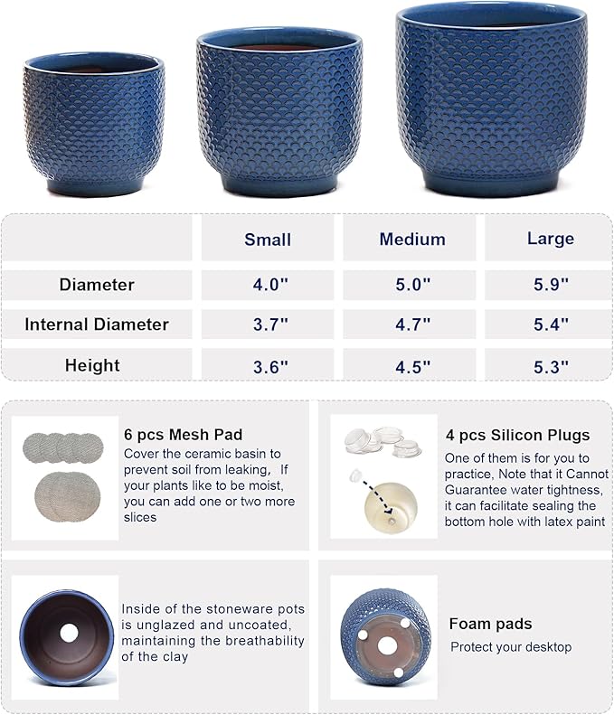 4 + 5 + 6 Inch Ceramic Pots for Indoor Plants, Succulents Plant Pots, Orchid Flower Pot with Drainage Hole, Modern Clay Stoneware Planters, Set of 3 (Dusty Blue, 4+5+6 Inch)