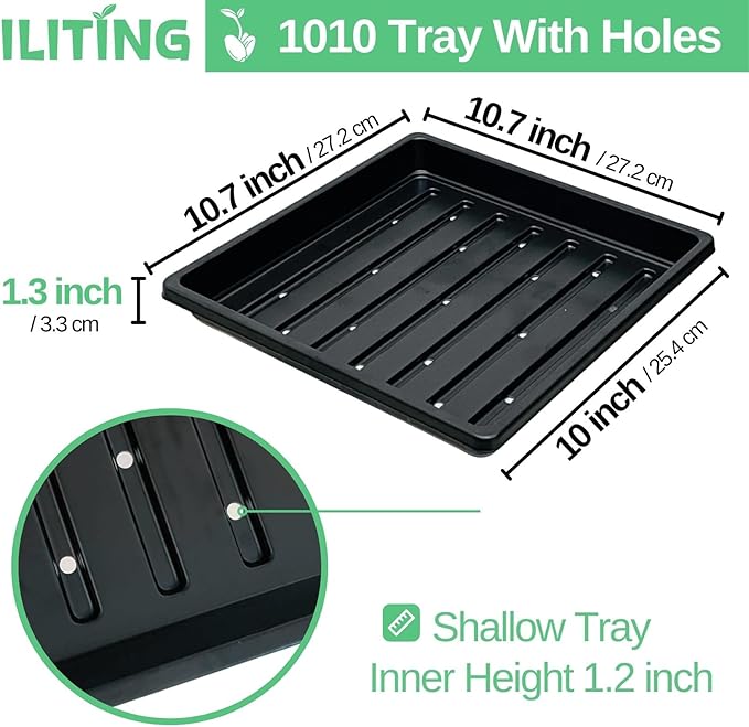 Plant Growing Seed Starter Trays for Seedlings Microgreen, Shallow Plants Tray Standard 1010 Tray with Drain Holes 5 Pack Black 10.7 x 10.7 inches Square Trays