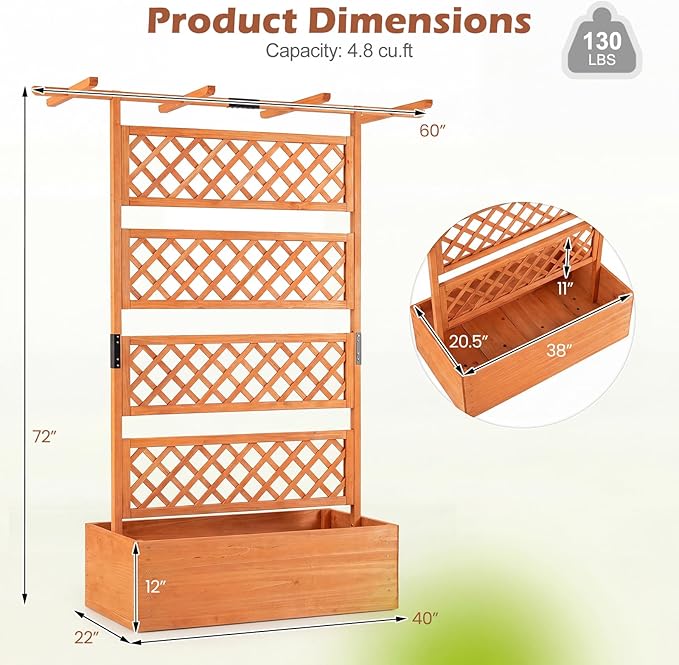 Giantex Raised Garden Bed with Trellis, 72'' Wooden Planter Box Outdoor w/Privacy Screen Roof, Large Vertical Garden Planter w/Drainage Holes for Climbing Plants, Patio Balcony Backyard