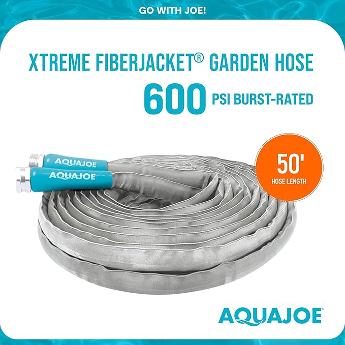 Aqua Joe AJFJH50-PRX XTREME FIBERJACKET Kink-Resistant Garden Hose, Metal Fittings, 600 PSI Max, 1/2-Inch Diameter, 50 Feet