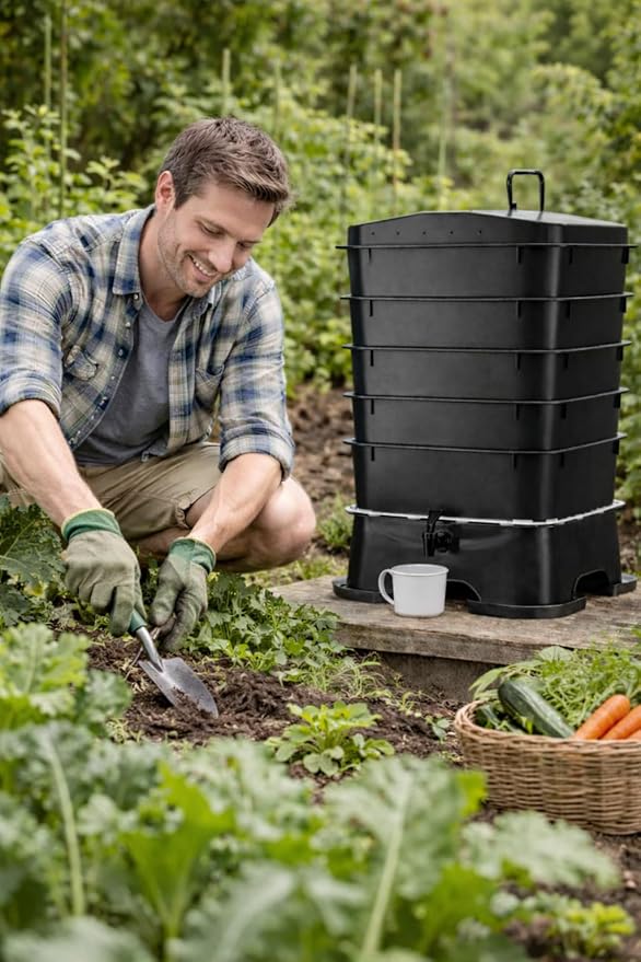 The Original VermiHut® Plus 5-Tray Worm Composter – Black | Indoor & Outdoor Vermicomposting Bin | Sustainable Design for Food Waste Recycling
