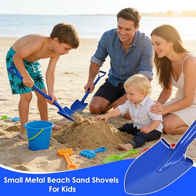 2 Pack Metal Beach Sand Shovels for Kids, 27 Inch Heavy Duty Small Shovels for Digging, Camping, Gardening, Planting, Mini Spade with D-Grip Handle, Blue