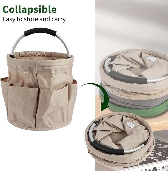 Gardening Storage Tote with Handle and 6 Pockets, Folding Garden Tool Basket 17L Large Capacity Cleaning Organizer Caddy Multifunctional Storage Basket Portable Gardening Caddy for Outdoor Indoor