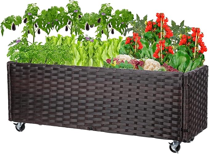 Raised Garden Bed with Wheels - Rattan Wicker Elevated Raised Garden Bed Outdoor Raised Planter Box for Vegetables Grass Lawn Yard, 38 x 14.5 x 12 in, Brown
