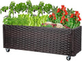 Raised Garden Bed with Wheels - Rattan Wicker Elevated Raised Garden Bed Outdoor Raised Planter Box for Vegetables Grass Lawn Yard, 38 x 14.5 x 12 in, Brown