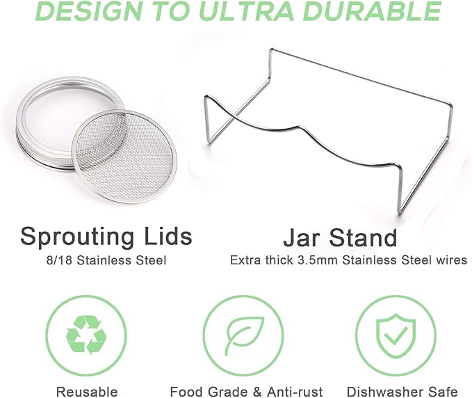 Sprouting Jar Kit-2 Wide Mouth Quart Mason Jars with 316 Stainless Steel Screen Sprout Lids,Melamine Tray,Stand and Canning Brush | Seed Sprouter Set for Growing Broccoli, Alfalfa, Mung Bean (Black)