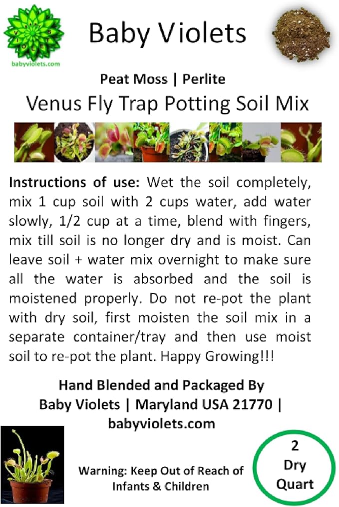 Venus Fly Trap, Pitcher, Butterworts, Bladderworts Drosera Carnivorous Plant Potting Soil Mix Peat Moss & Perlite (½ Gallon / 2 quarts).