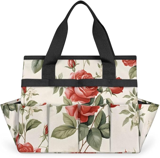 Garden Tool Bag Organizer Garden Tote Bag with Pockets Rose Pattern Tool Storage Organizer Gardening Tool Kit Holder 13" x 6.8" x 2.8"