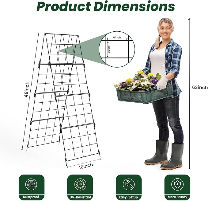 Adjustable A-Frame Trellis for Climbing Plants Outdoor, 48"x16" Cucumber Trellis for Raised Bed, Metal Garden Trellis with Grid Design, Tomato, Grape, Bean, Pea, Squash, Vegetable Trellis (Black)
