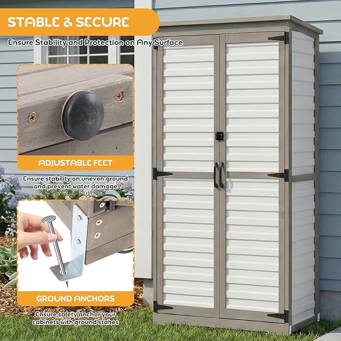 PetsCosset Outdoor Storage Cabinet with Shelves, Wood & Plastic Garden Shed, Weatherproof Outside Tool Cabinet for Patio, Backyard, Pool