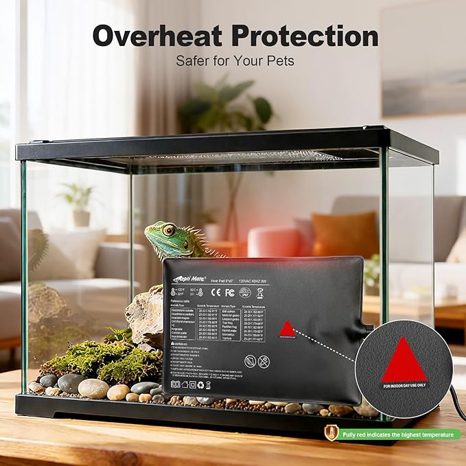 Reptile Heating Pad with Internal Sensor&Thermostat, 8" x 6" 8W Under Tank Heater Mat for 10-20 Gallon Tanks, IP67 Waterproof Safe Heat for Turtles, Bearded Dragons, Snakes, Lizards and Seedling