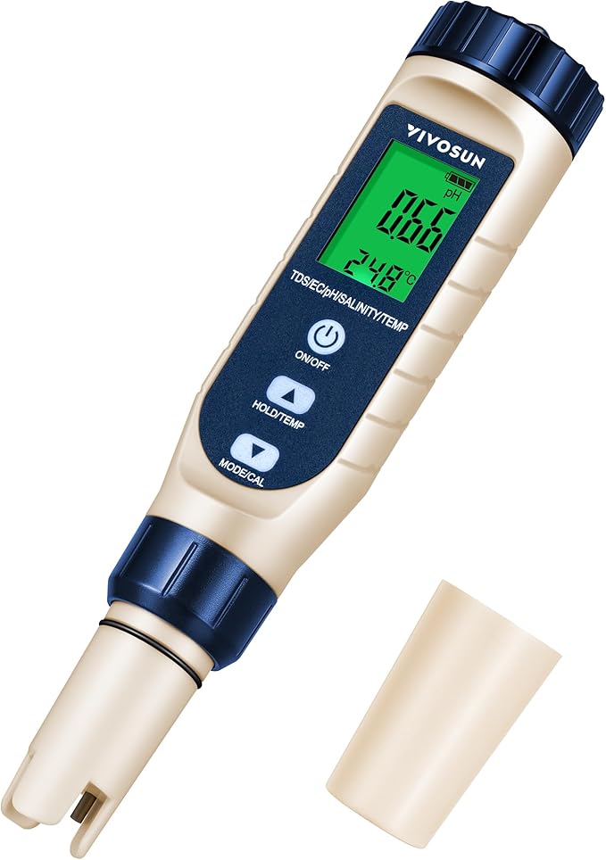 VIVOSUN 5-in-1 Digital PH Meter with PH/Salinity/TDS/EC/Temperature Function, Backlight Screen, IP67 Waterproof for Hydroponics, Home Drinking, Pool and Aquarium