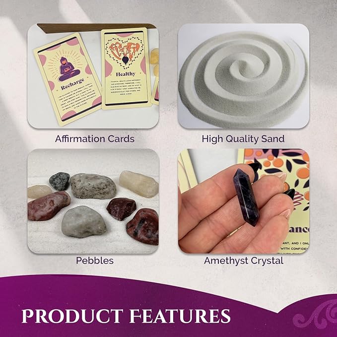 Wooden Zen Garden with Daily Affirmation Cards for Women and Men | White Sand with Rake & Amethyst Wand | Affirmations for Mindfulness, Meditation, and Inspiration | Beautiful 52 Card Deck