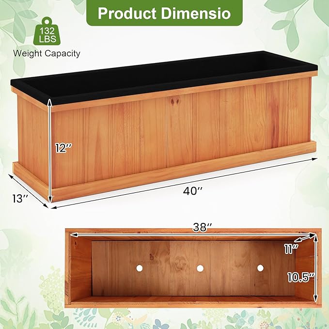 Giantex Outdoor Raised Garden Bed Set of 2, 40” x 13” x 12” Pine Wood Planter Box w/ 3 Drainage Holes, Removable Bottom & Bed Liner, Rectangular Flower Container for Vegetables Herbs, Indoor & Outdoor