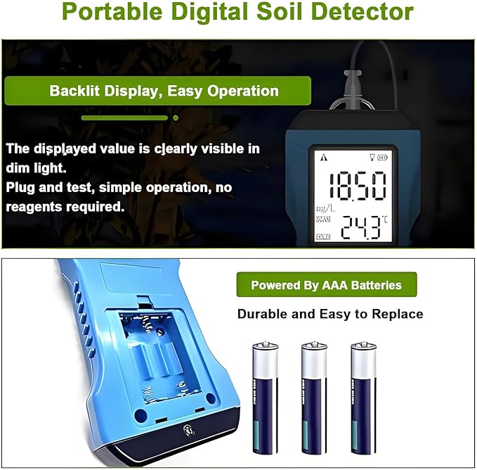 Soil Moisture NPK PH EC Meter Tester, Soil PH Meter for Garden, Digital PH Meter for Soil, No Reagents Required, Clear Under Low Light Conditions, Soil Fertility Test