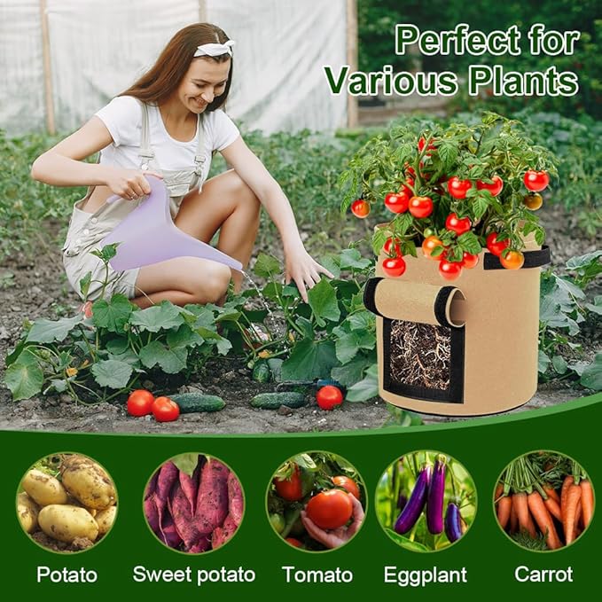 9 Pack Potato Grow Bags, Colorful Garden Planting Bag with Durable Handle and Harvest Window Nonwoven Fabric Growing Bags with Flap Tomato, Vegetable and Fruits (10 Gallon)