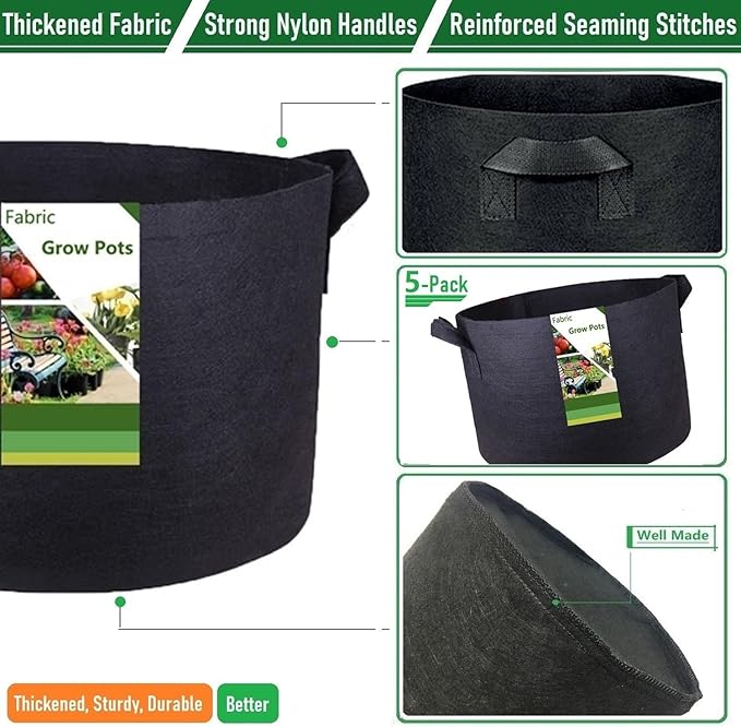 5-Pack 1 Gallon Thickened Plant Grow Bags (7x6 inch) Nursery Bags Fabric Plant Pots Garden Bag for Flower Pot,Herbs Veggies Planter Bag,Garden Pots,Barrel Planter,Plant Container with Gardening Gloves