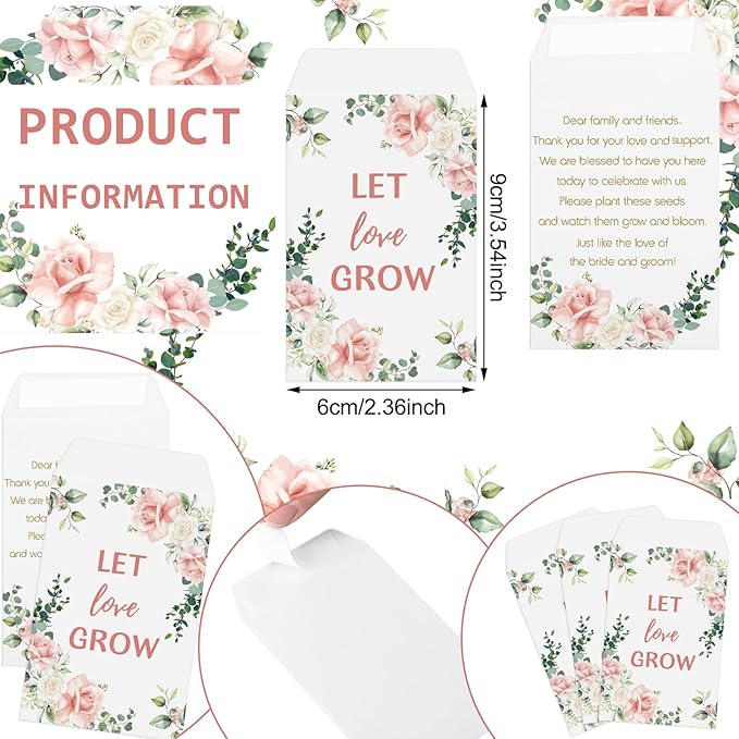 Ctosree 50 Sets Let Love Grow Wedding Favors for Guests Self Adhesive Seed Packets (Seed Not Include) Terracotta Flowerpot Thank You Tags and Organza Gift Bags for Bridal Shower Wedding Party Favors
