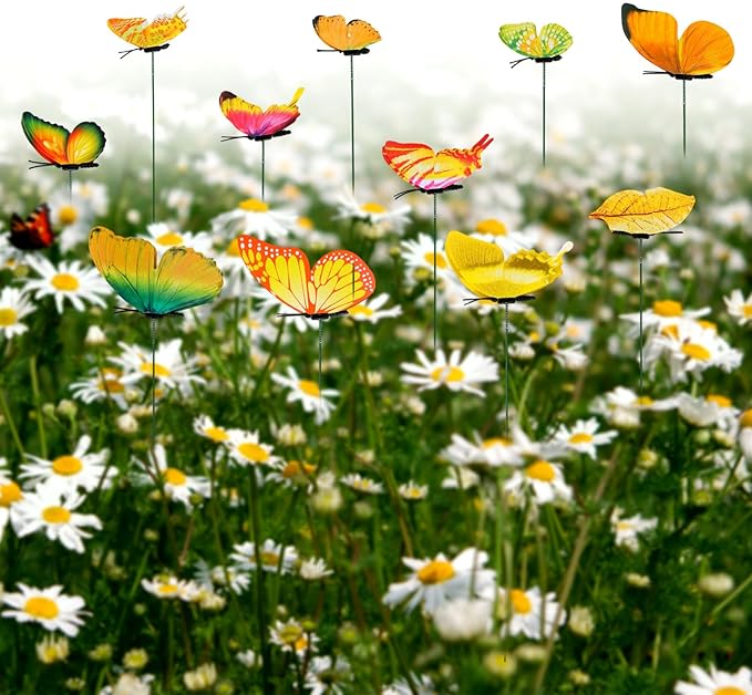 12pcs Decorative Butterfly Plant Stakes, 9.8in Lifelike Butterfly Garden Stakes PVC Waterproof Flower Pot Decorations for Garden Lawn Patio Indoor Outdoor Yard Planter Art Decor (Yellow)