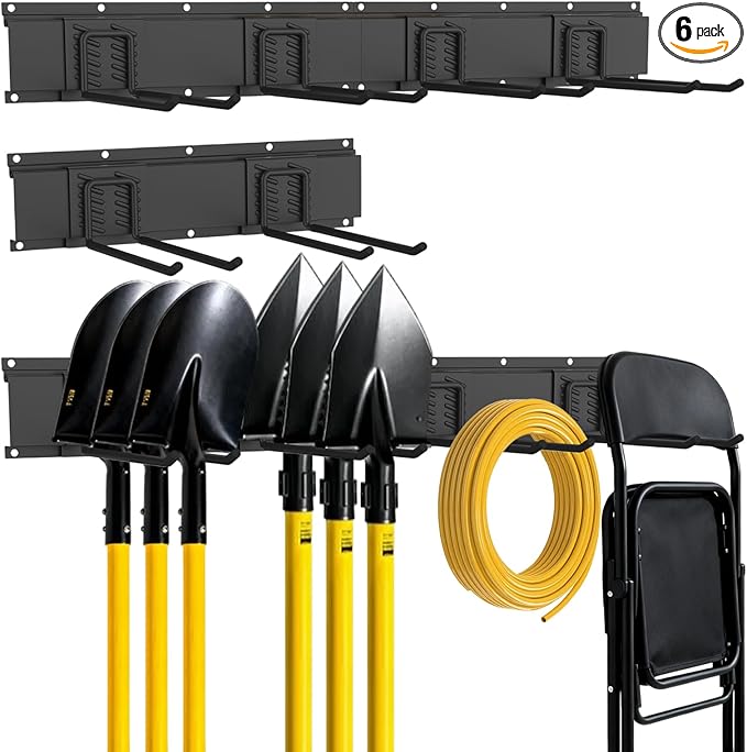Garage Tool Organizer Wall Mount, Easy to 48inch Install Heavy-Duty Garage Storage System with 6 Adjustable Straight Hooks, Garden Tool Rack for Shovels, Rakes, Yard Tools