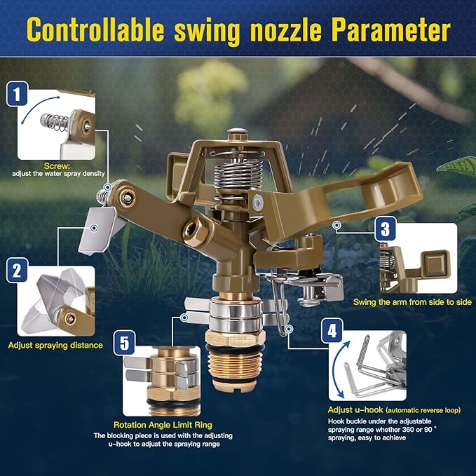 Brass Impact Sprinkler Head - 1/2 Inch Impact Sprinklers with Adjustable Nozzles, 360 Degrees Watering Sprinkler for Large Yard, Patio, Garden Irrigation - 5 PCS