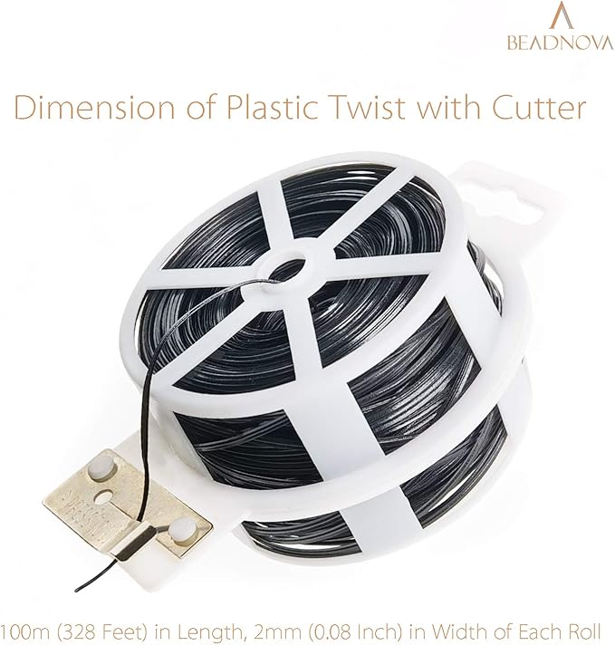 BEADNOVA Twist Tie 328 Feet (100m) Bread Ties Gardening Ties Black Plant Ties Multipurpose Plastic Coated Plant Twist Tie with Cutter for Potted Plants Garden Office and Home