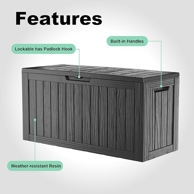 Vixzen 90 Gallon Resin Deck Box, Lockable Outdoor Storage Box for Patio Cushions Storage Furniture,Garden Tools, Pool Supplies, Weatherproof and UV Resistant（Black，90 Gallon）
