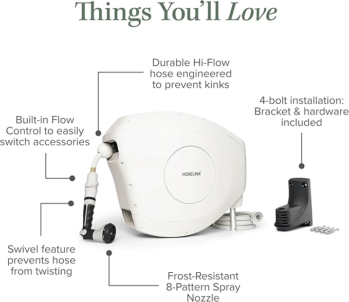 HOSELINK Classic Beige 82ft Hi-Flow Automatic Retractable Garden Hose Reel, 9/16”, 8-Pattern Spray Nozzle, UV-Stabilized Kink-Free Hose, Wall Mounted Watering Solution for Backyard, Garden & Outdoor