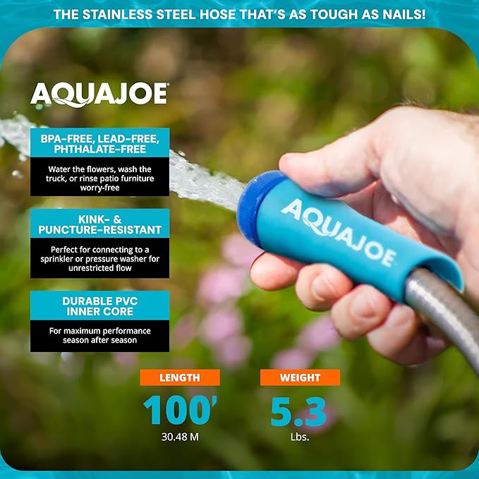 Aqua Joe AJSGH100 1/2-Inch Heavy-Duty, Puncture Proof Kink-Free, Spiral Constructed 304-Stainless Steel Metal, Garden Hose, 100-Foot