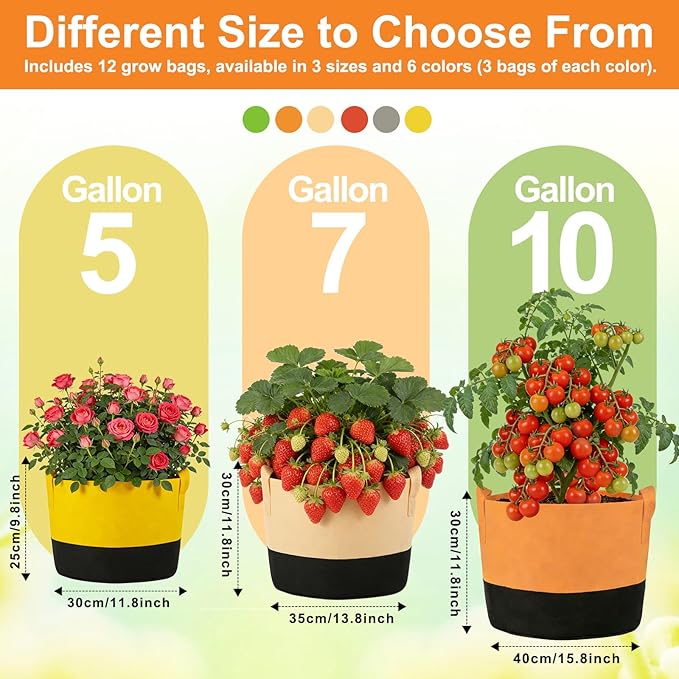 18 Pack Grow Bags, Heavy Duty Fabric Pots Nonwoven Potato Grow Bags with Sturdy Handles & Reinforced Stitching, Breathable Vegetable Flower Plant Growing Containers (5/7/10 Gallon)