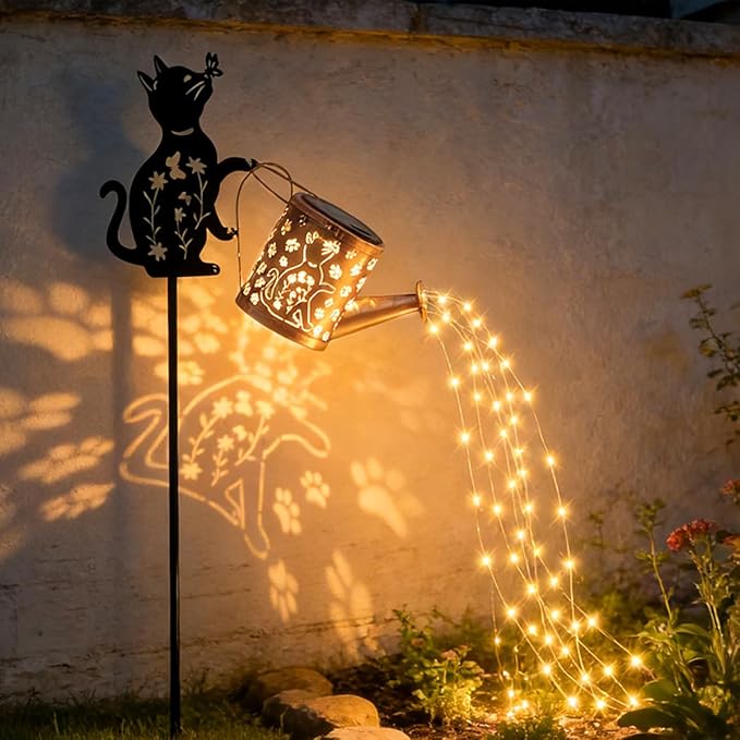 Solar Watering Can with Lights, Featuring Metal Cat Silhouette Garden Ornament Festive Gift for Women, Waterproof Outdoor Decor for Backyard Paths and Lawn(1 Pc Cat Watering Can Light)
