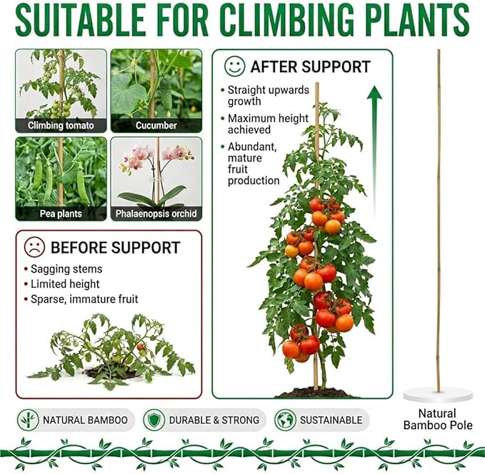 Plant Stakes Natural Bamboo Sticks - 25 Pcs Bamboo Garden Stakes for Plants 4 FT Plant Support Sticks with Twist Ties for Tomatoes Grapes Beans Flowers Indoor Outdoor Potted Climbing Plants