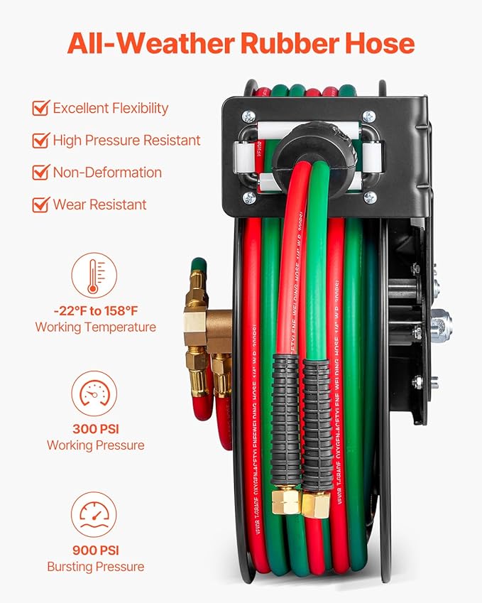 VEVOR Retractable Welding Hose Reel, 1/4-Inch x 50FT Twin Oxygen Acetylene Rubber Hose Max 300PSI - T Grade, Ceiling/Wall Mount Heavy Duty Steel Hose Reel Auto-Rewind, Ideal for Workshops Garages