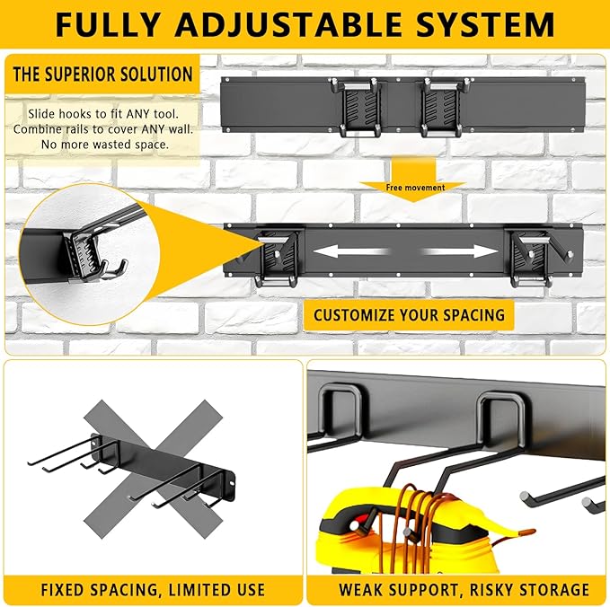 Garage Tool Organizer Wall Mount, 64inch Heavy-Duty Garage Storage System and Garden Tool Organizer with 12 Adjustable Hooks for Shovel, Snowboard, Yard Tools and Shed