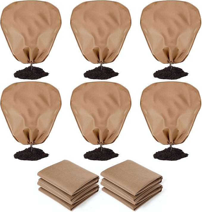 6 Pcs Winter Plant Covers Freeze Protection Reusable Plant Protector Bag with Drawstring Warm Shrubs Cover Frost Protection Planting Jacket Bags for Outdoor Garden, Brown (23.6 x 23.6 Inch)